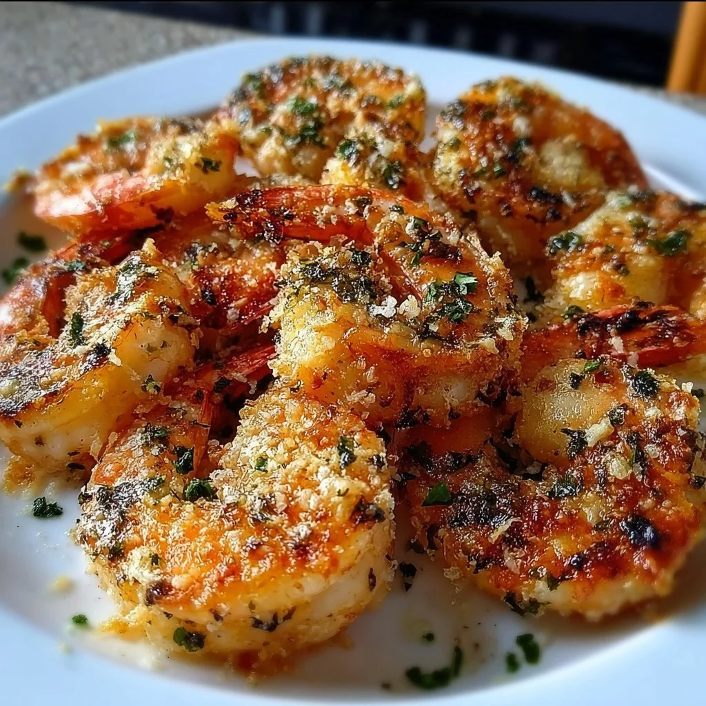 Plate of Garlic-Parmesan Roasted Shrimp garnished with herbs