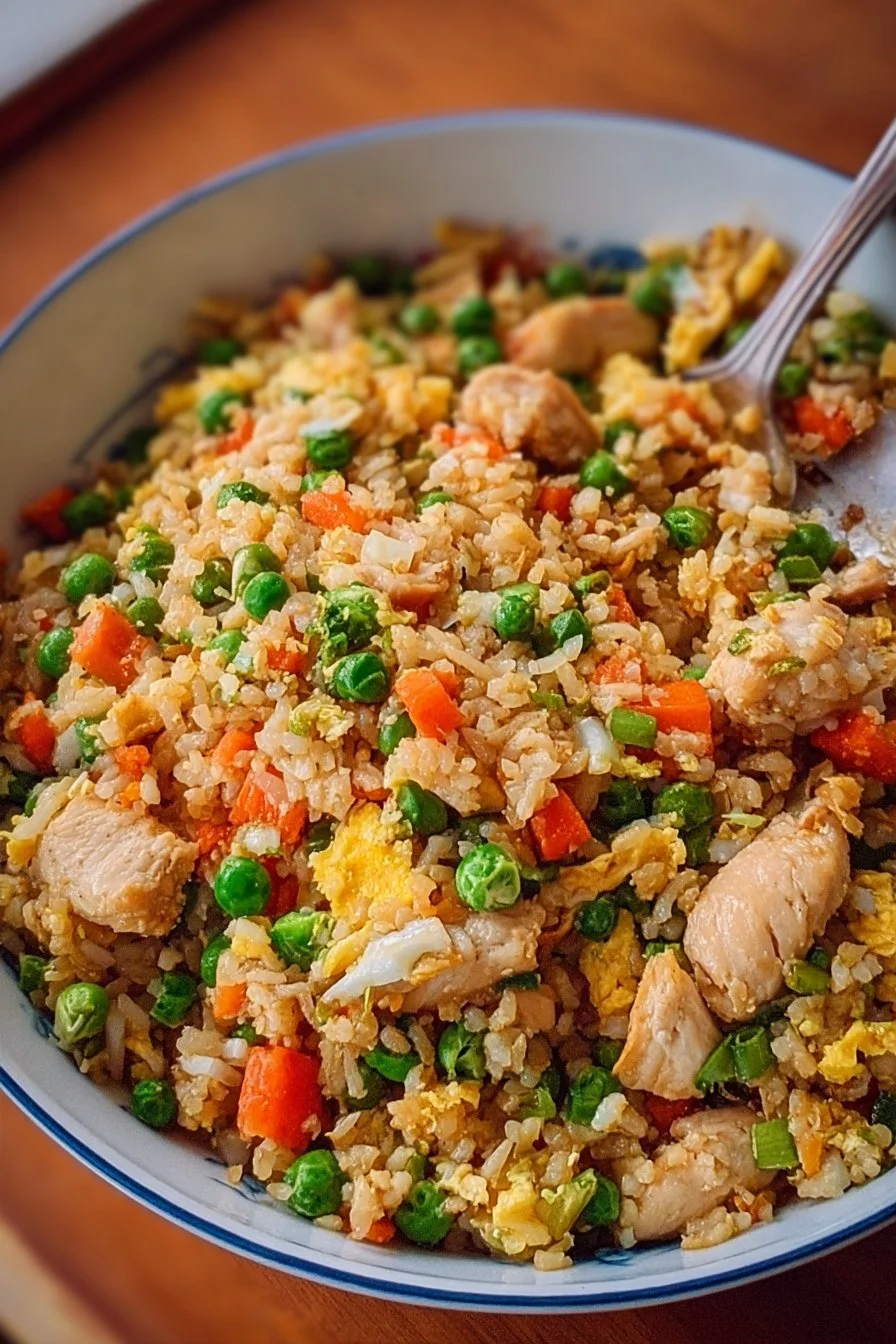 Bowl of gluten-free chicken fried rice garnished with vegetables and herbs