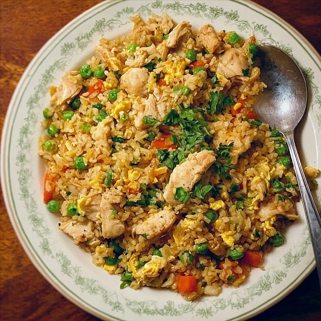 Bowl of gluten-free fried rice with chicken and vegetables