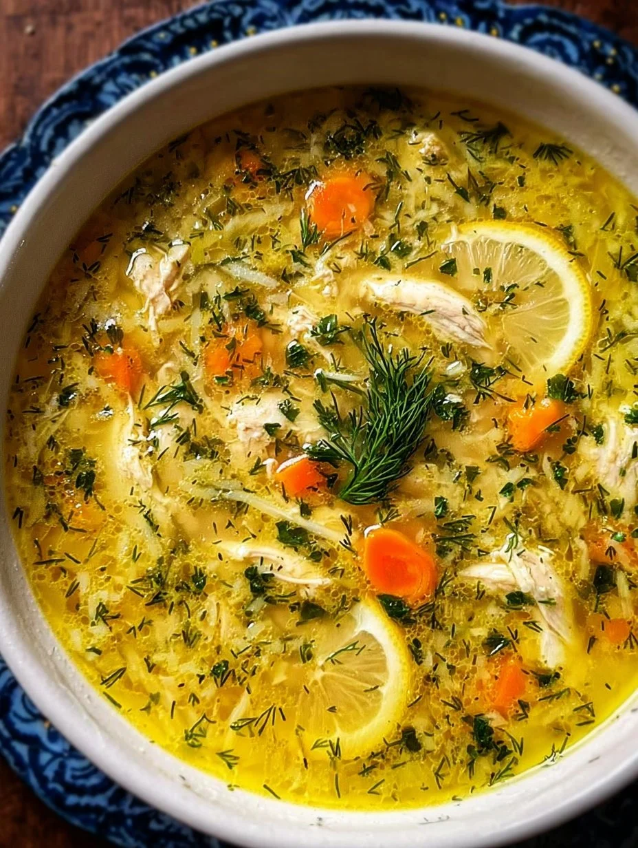 Bowl of Greek Lemon Chicken Soup garnished with herbs and lemon slices