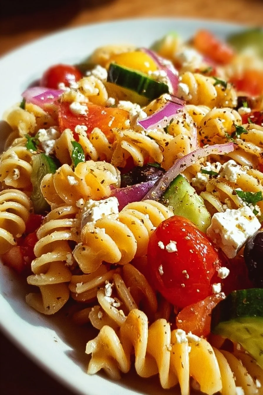 High Protein Greek Pasta Salad 1 High Protein Greek Pasta Salad with vegetables and feta cheese