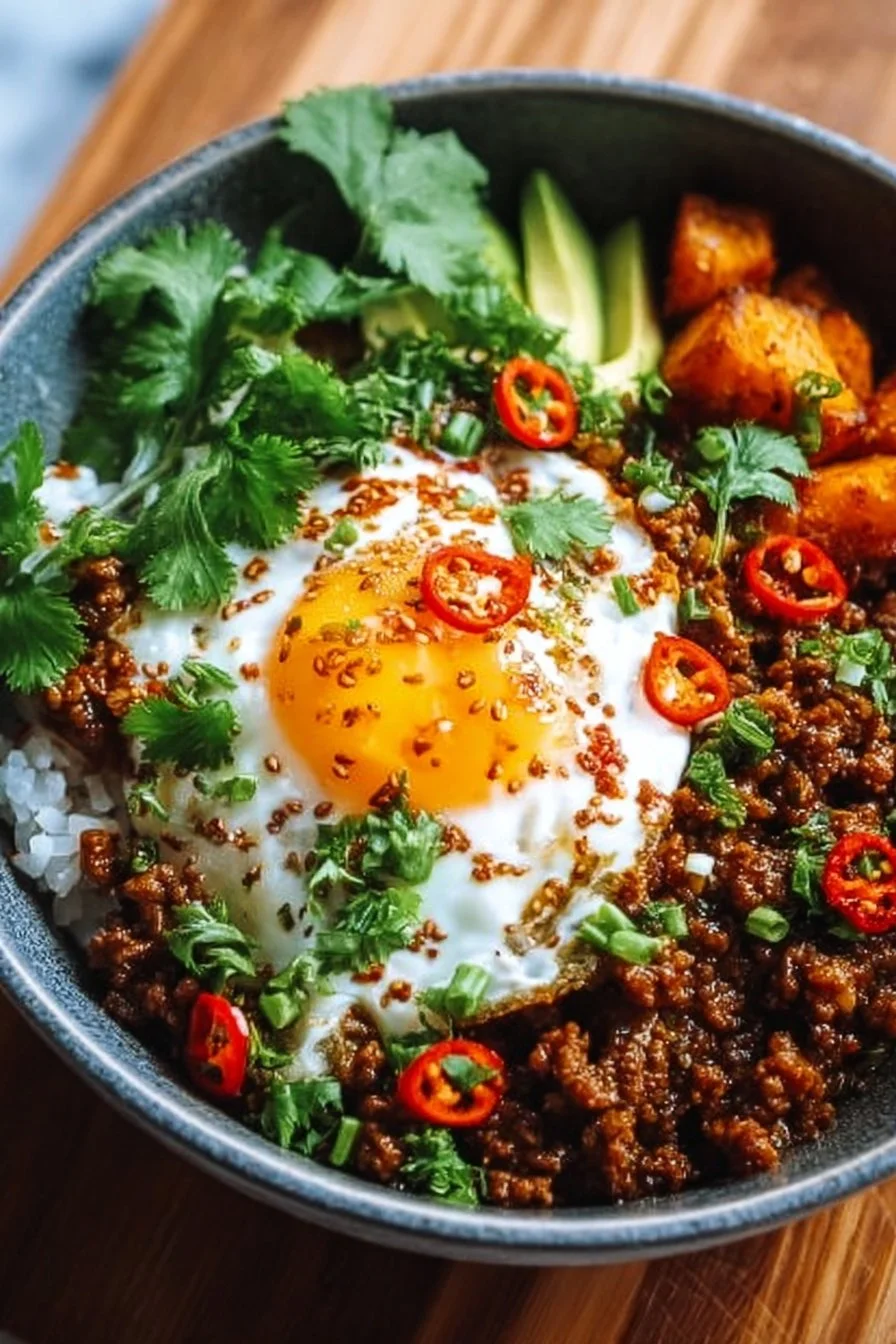 High Protein Ground Beef Power Bowl with fresh vegetables and grains