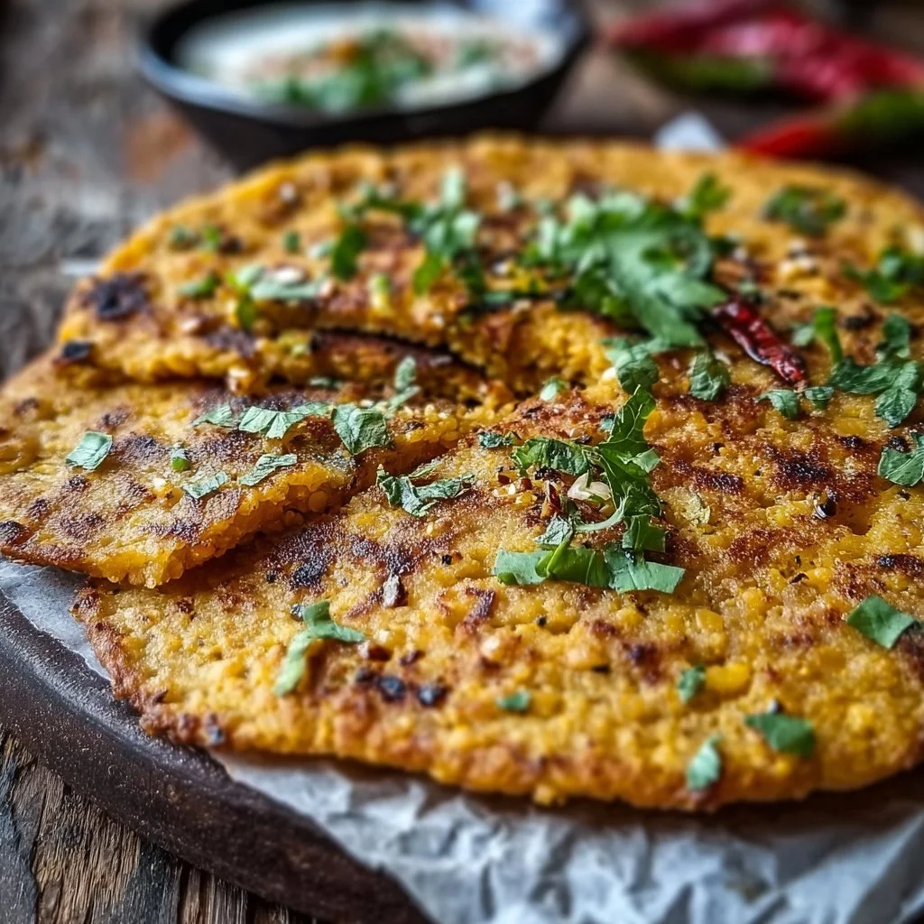 High-protein red lentil flatbread served with fresh vegetables.