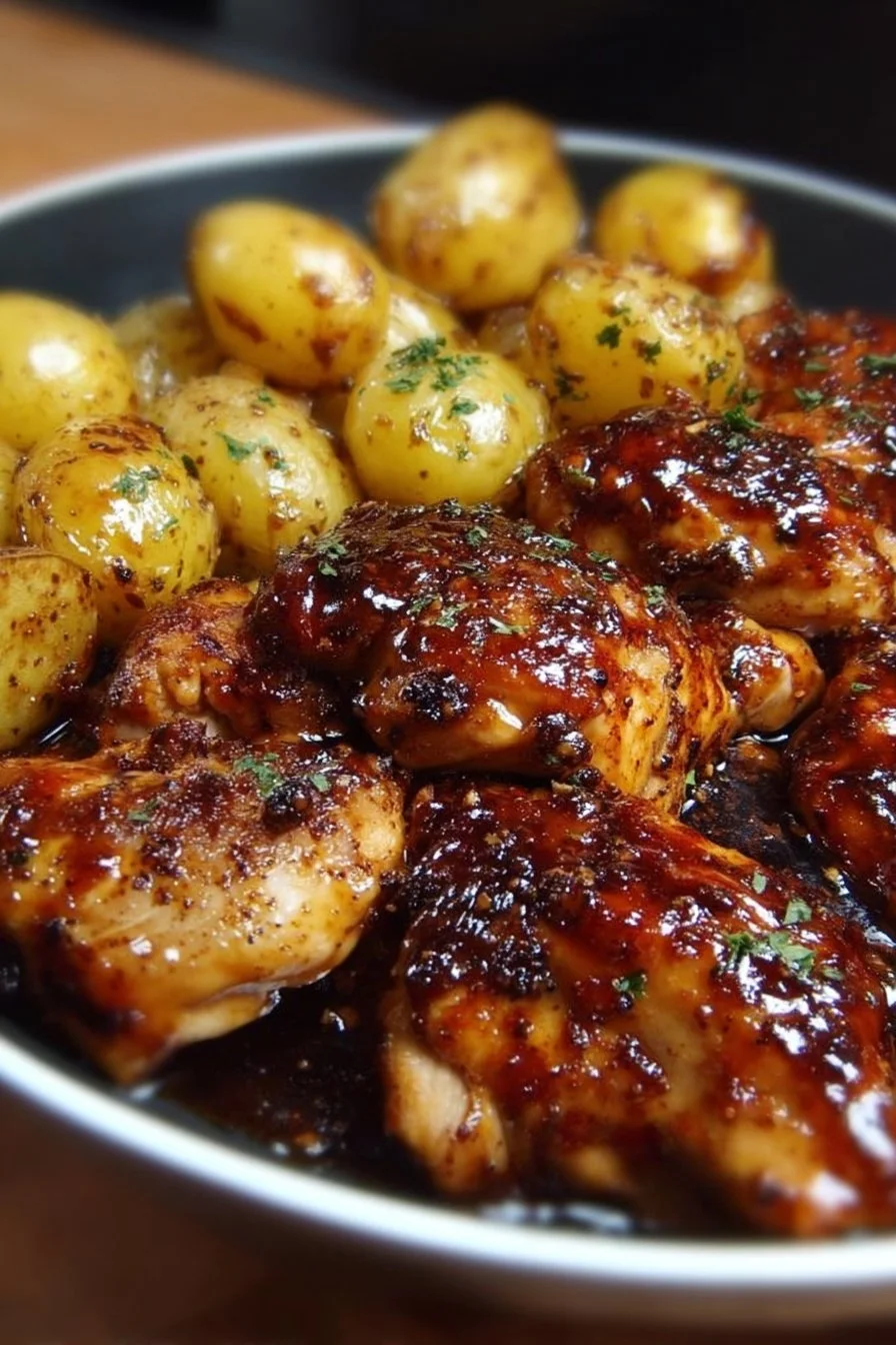 Honey BBQ Chicken Potatoes 1 Delicious Honey BBQ Chicken Potatoes on a plate, garnished and ready to serve.