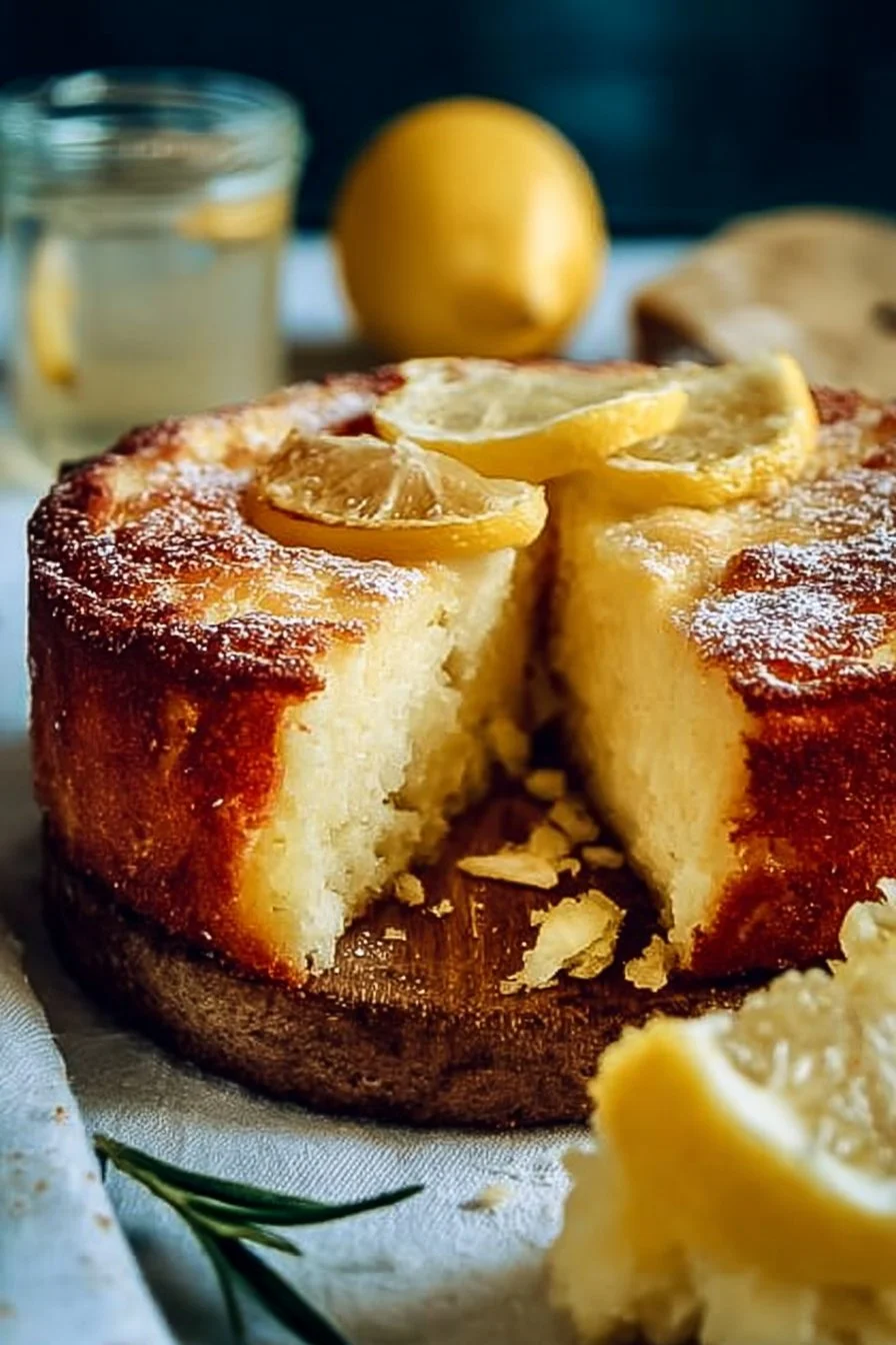 Lemon Almond Flourless Cake garnished with lemon slices and almonds