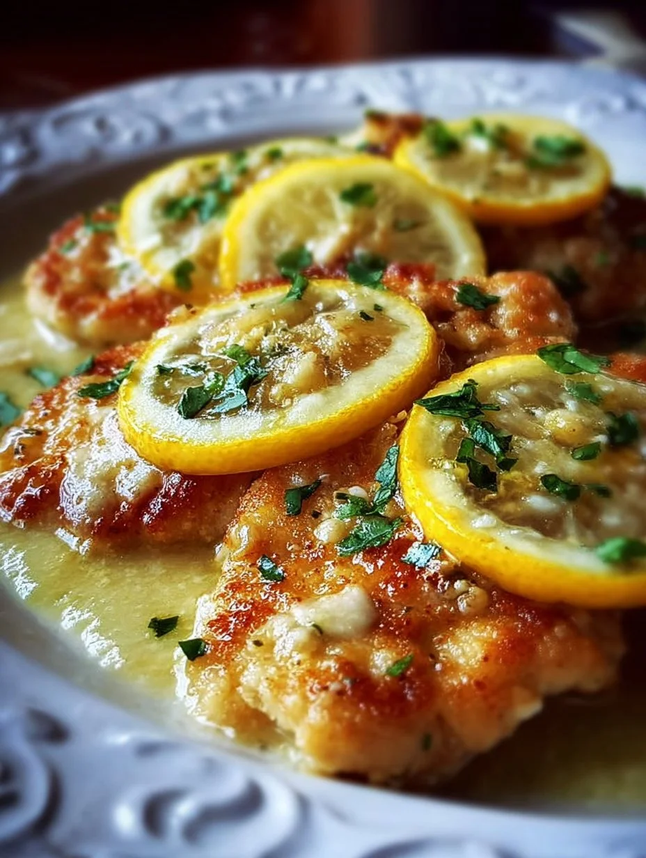 Plate of Lemon Chicken Romano garnished with herbs and lemon slices
