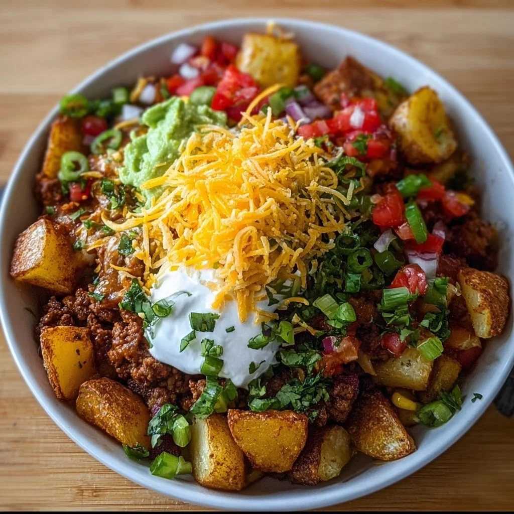 Delicious Loaded Taco Bowl featuring potatoes, topped with fresh ingredients.