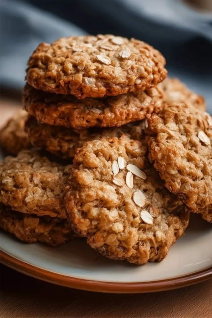 Oatmeal protein cookies stacked on a plate, showcasing their healthy ingredients.