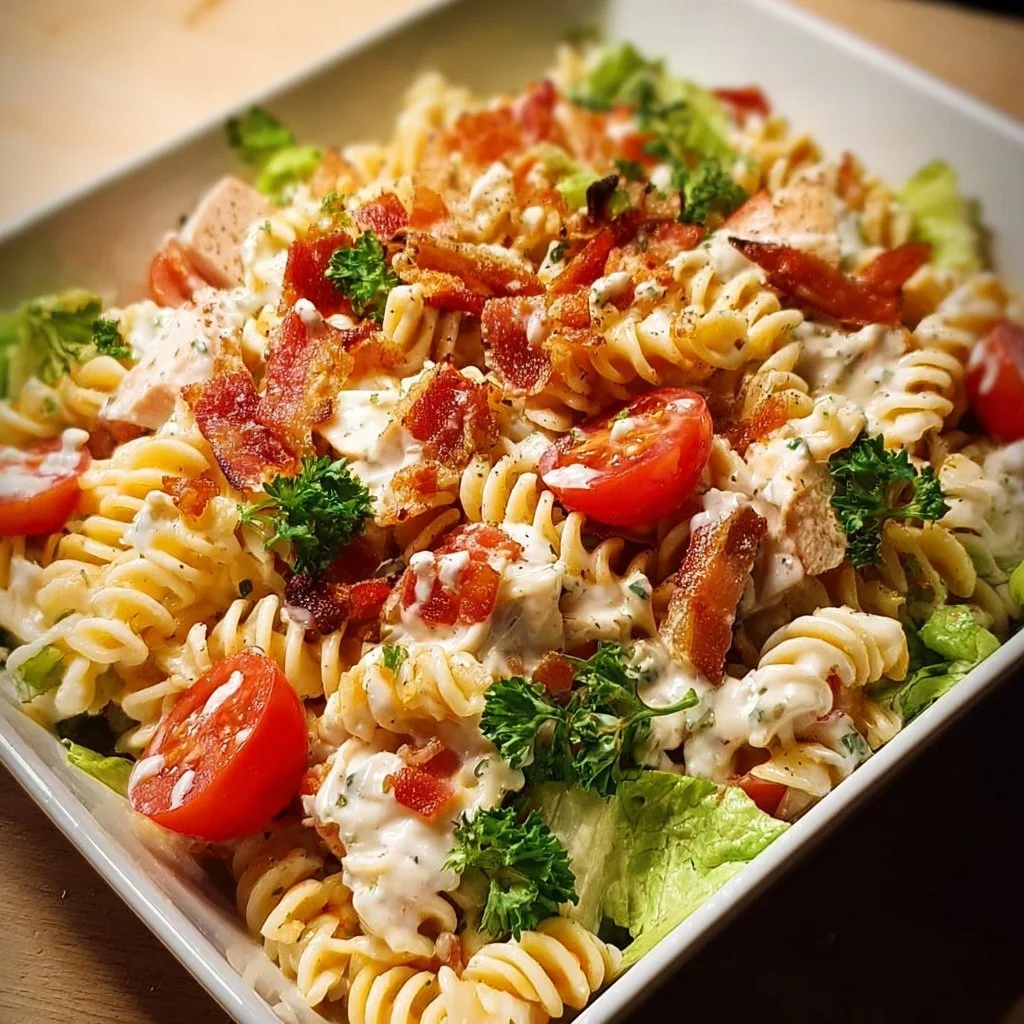 Protein-rich BLT pasta salad with bacon, lettuce, and tomatoes served in a bowl