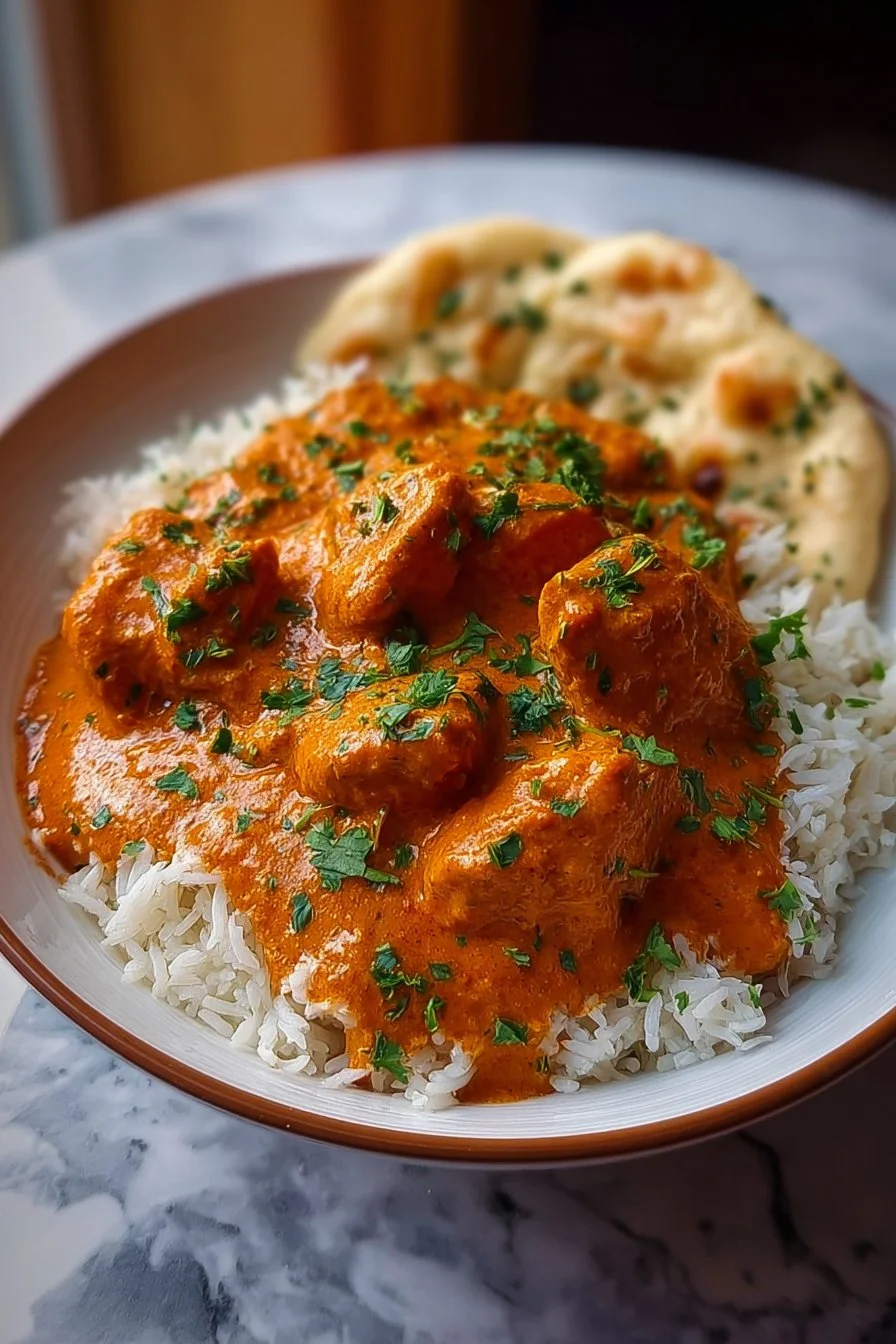 Delicious homemade butter chicken served with rice and naan