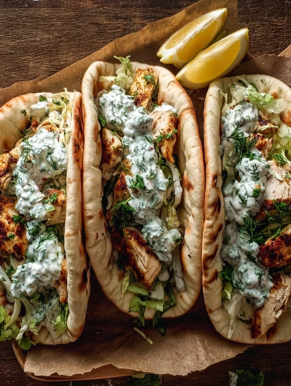 Sheet pan chicken pitas with herby ranch dressing served on a plate.