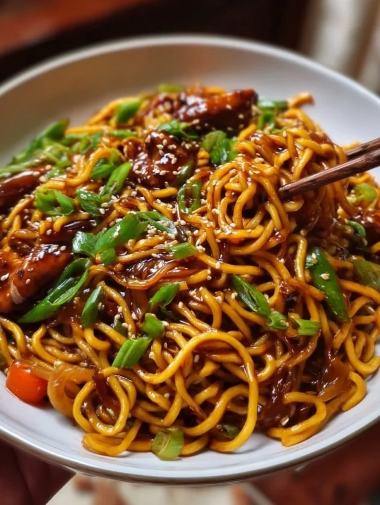 Delicious sticky garlic chicken noodles served in a bowl