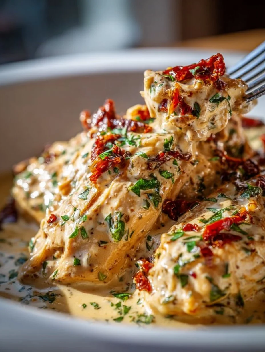 Creamy Crockpot Marry Me Chicken served on a plate with herbs and vegetables.