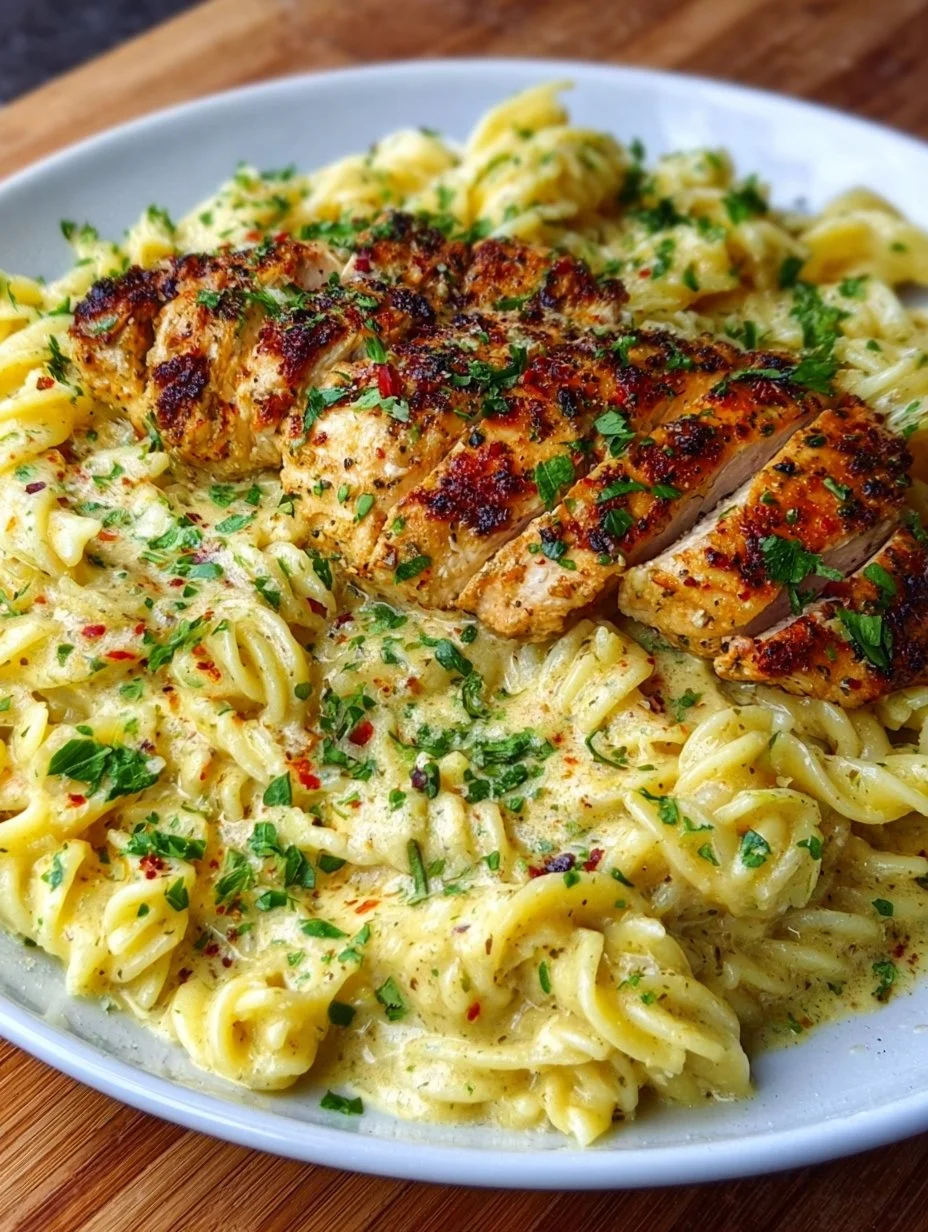 Delicious creamy garlic parmesan chicken pasta served on a plate