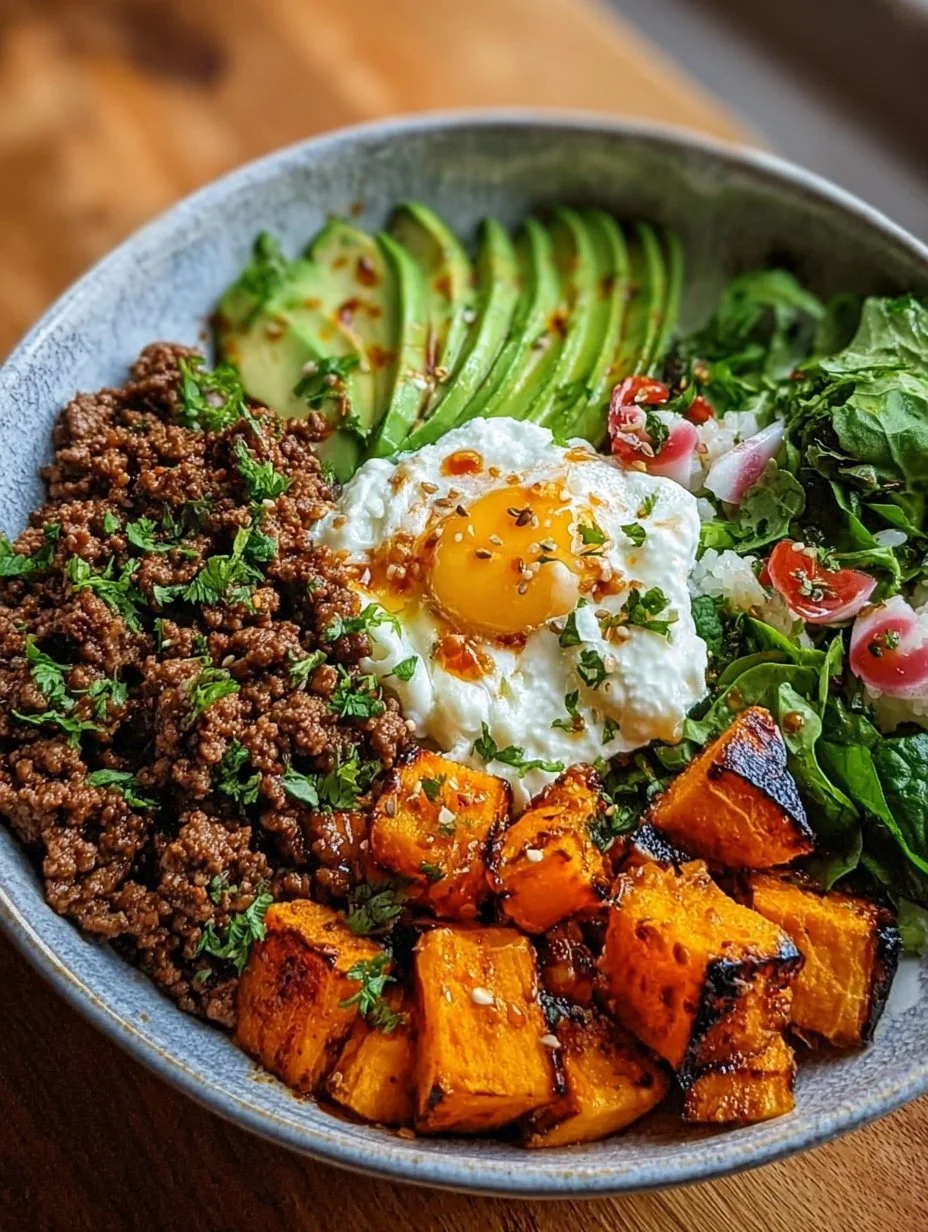Viral ground beef hot honey bowl served in a stylish bowl with garnish.