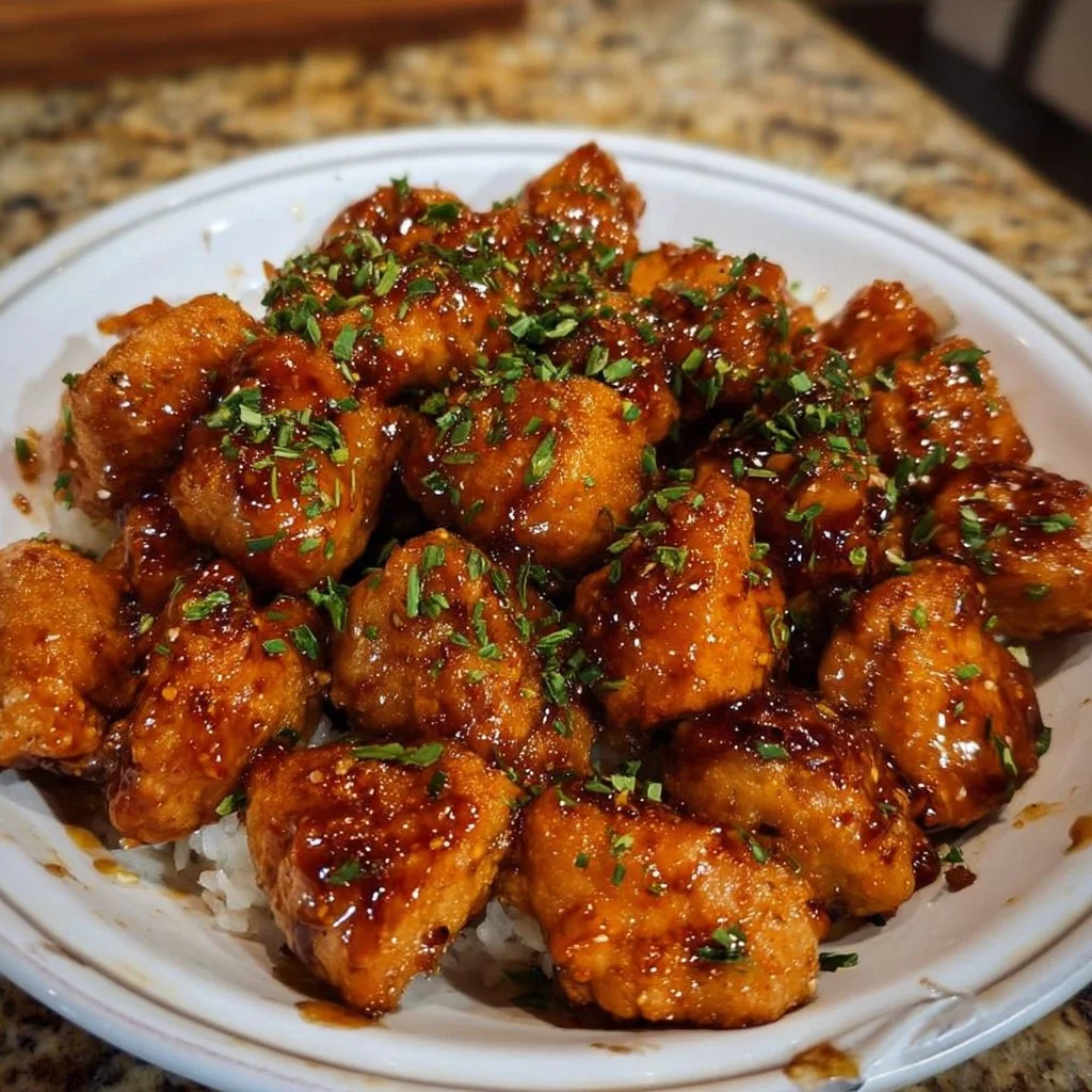 20 Minute Honey Garlic Chicken Bites served with vegetables on a plate