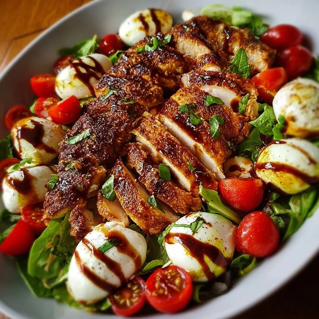 Baked marinated chicken salad topped with mozzarella and balsamic vinaigrette