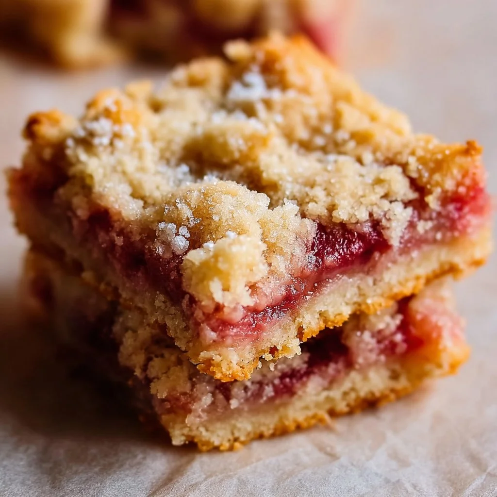 Delicious homemade rhubarb bars topped with crumbs, perfect spring dessert.