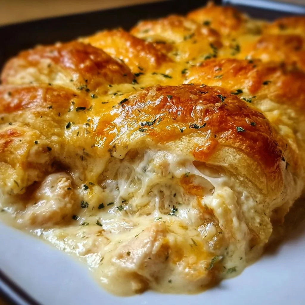 Cheesy chicken crescent bake with a golden crust and melted cheese topping