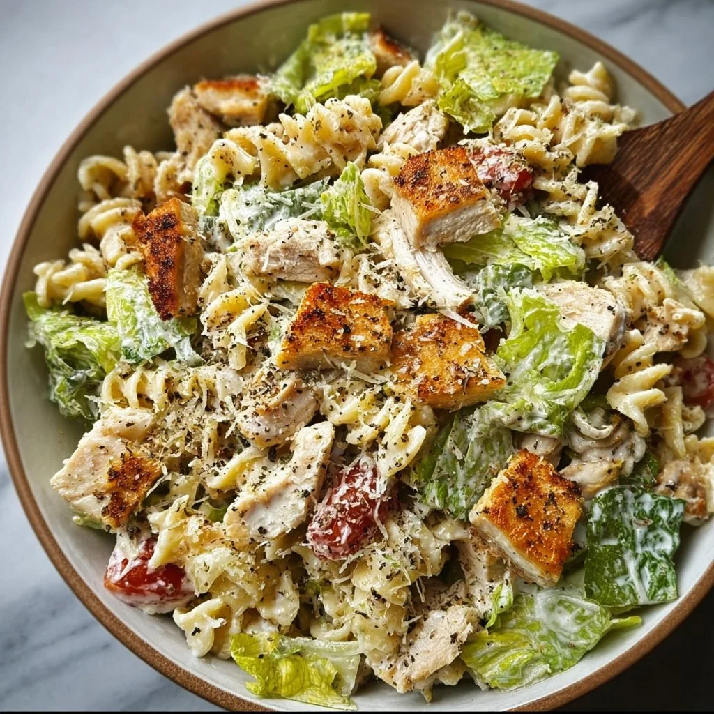 Bowl of Chicken Caesar Pasta Salad with fresh ingredients