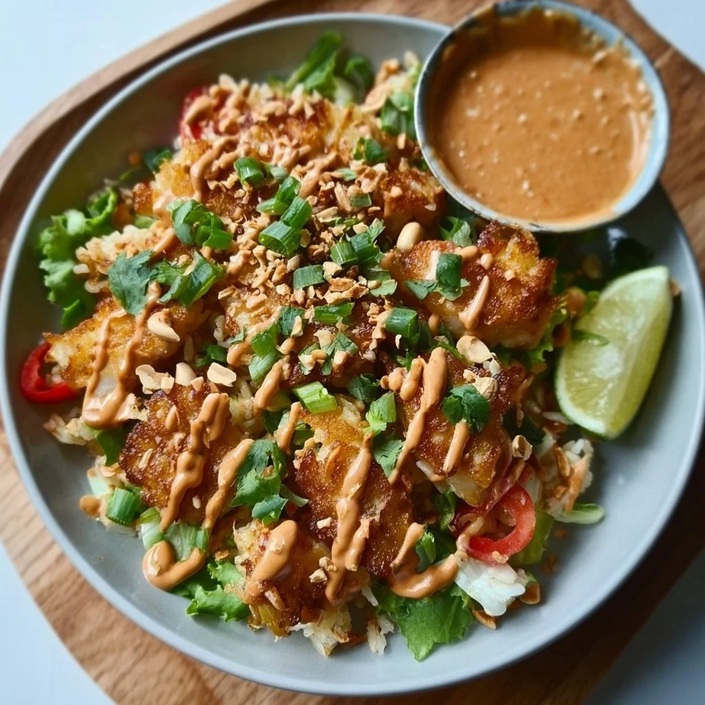 Chicken Crispy Rice Salad topped with peanut dressing and vibrant vegetables
