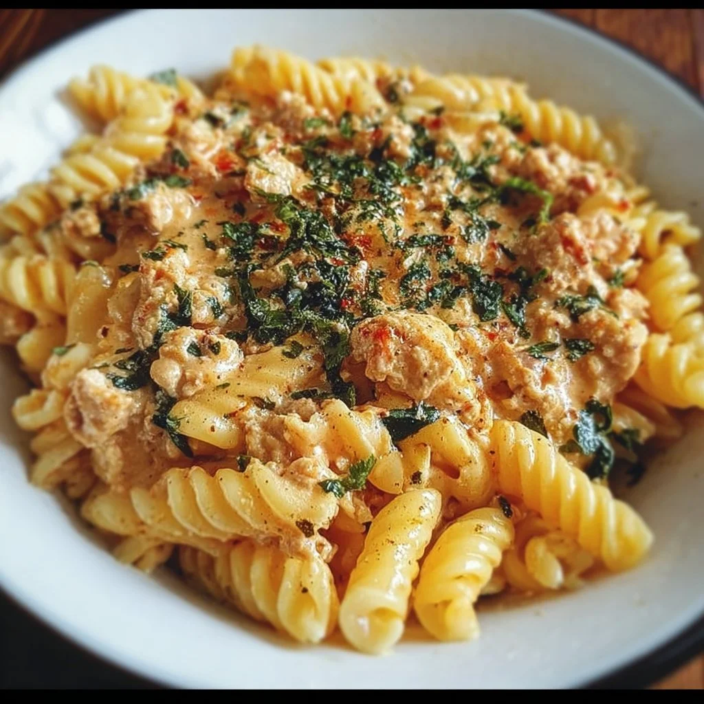 Creamy ground chicken pasta dish garnished with herbs in a bowl