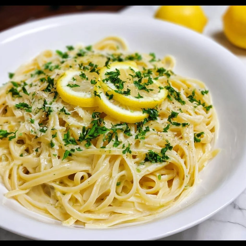 Creamy lemon pasta dish with fresh herbs and grated cheese