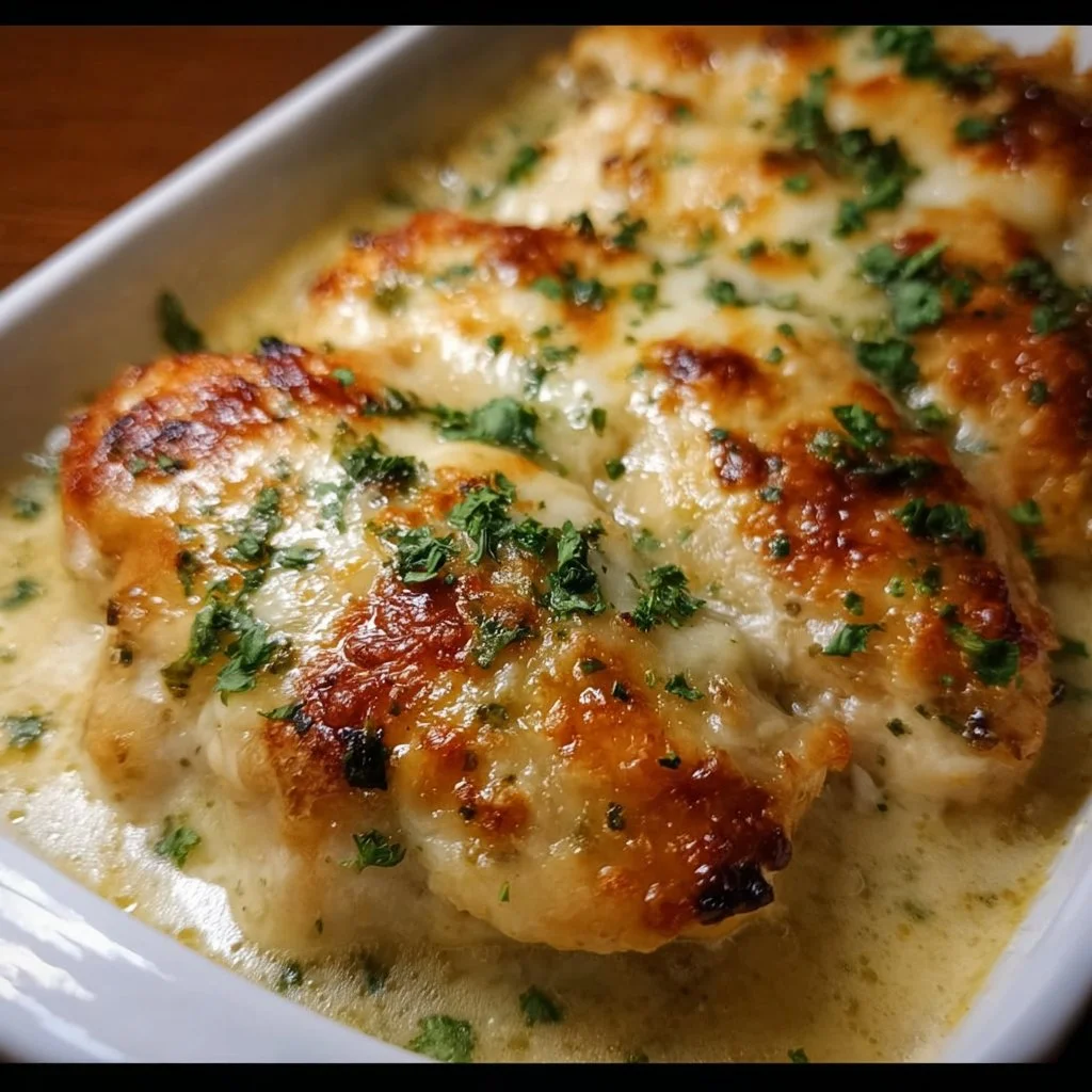 Baked Garlic Parmesan Chicken served with herbs and veggies