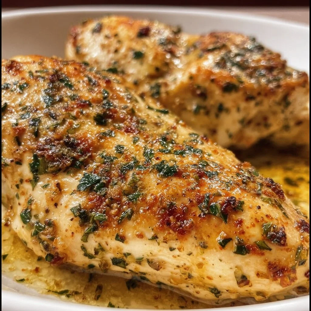 Garlic butter baked chicken breast served on a plate