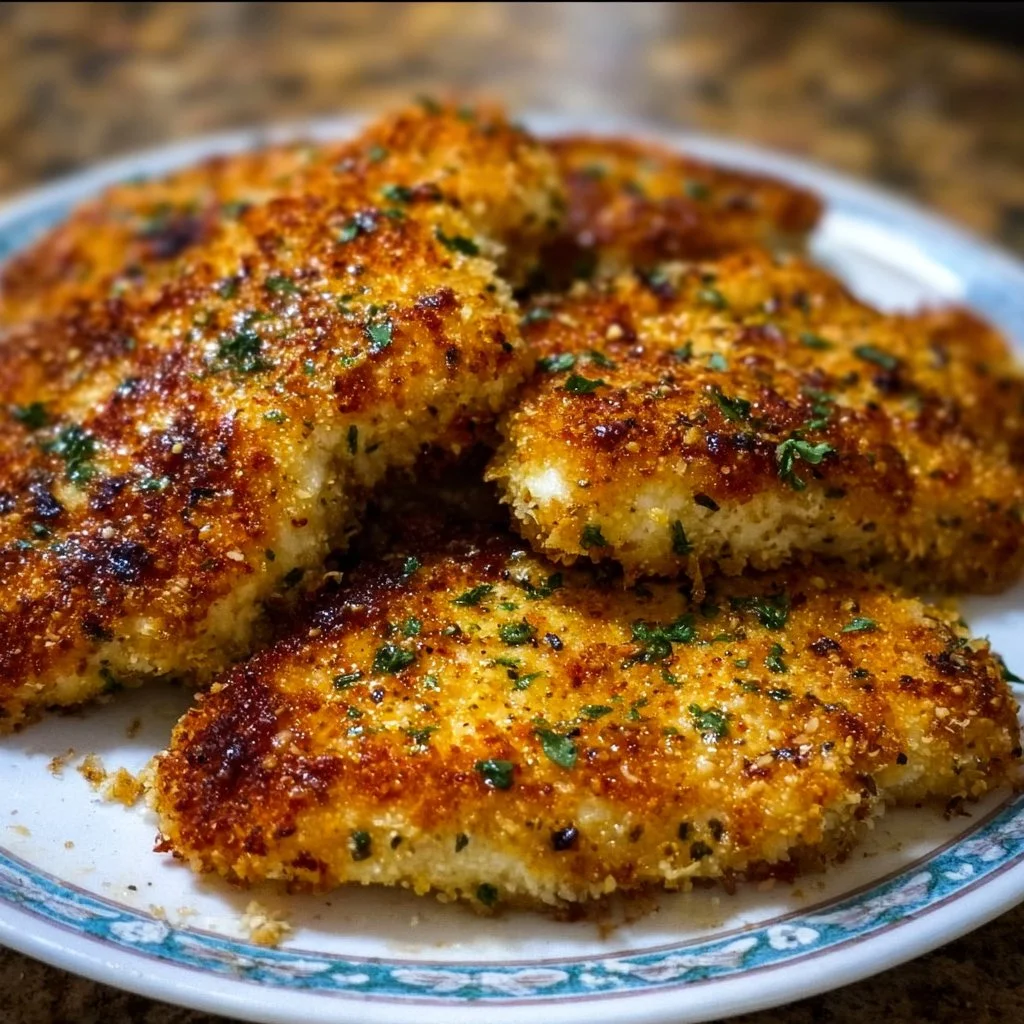 Garlic Parmesan Crusted Chicken Breasts garnished with herbs