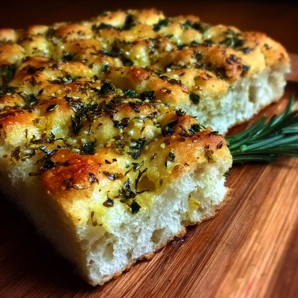 Gluten-free focaccia garnished with garlic and herbs for gut health