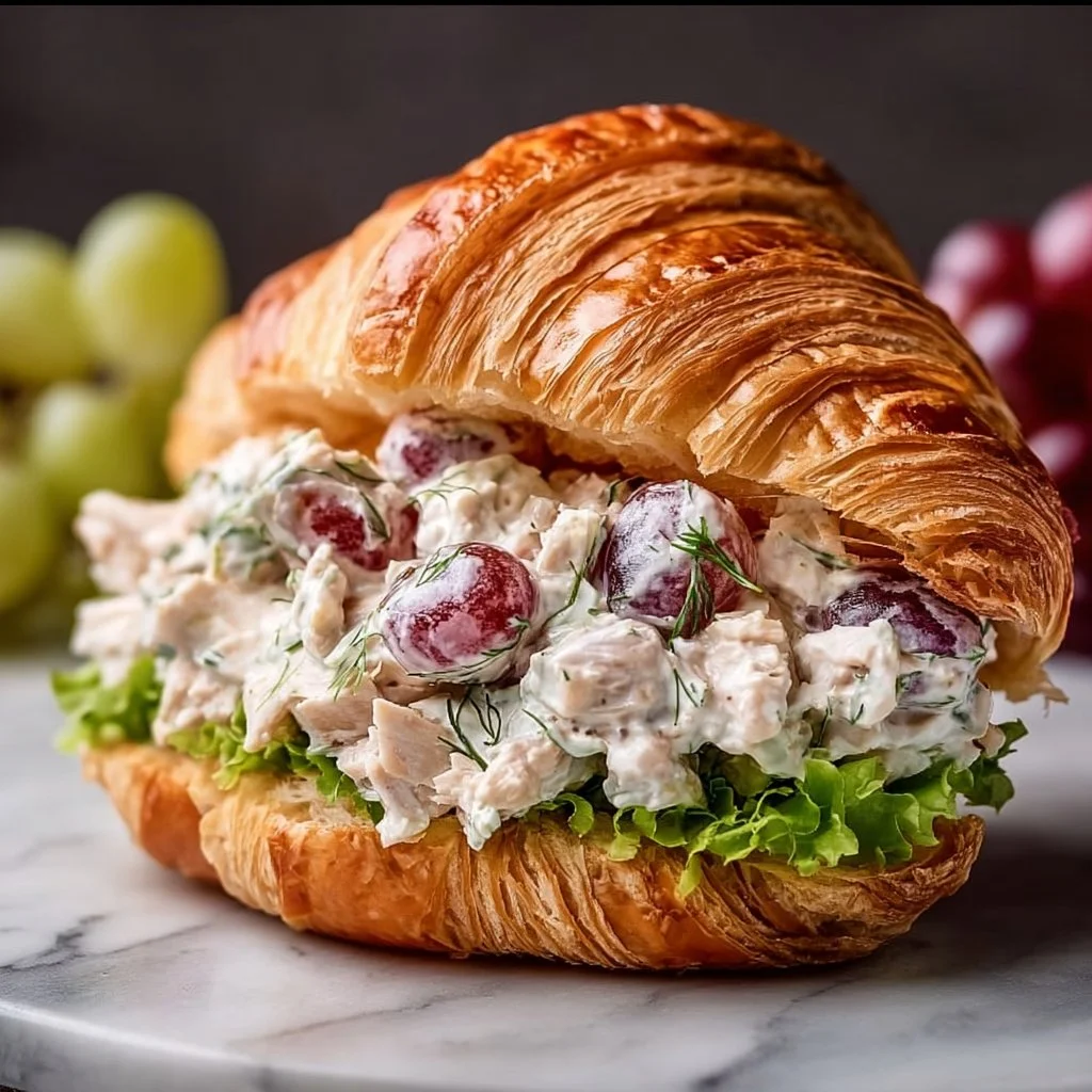 Grape Chicken Salad Croissant Sandwich ready to serve with fresh ingredients.