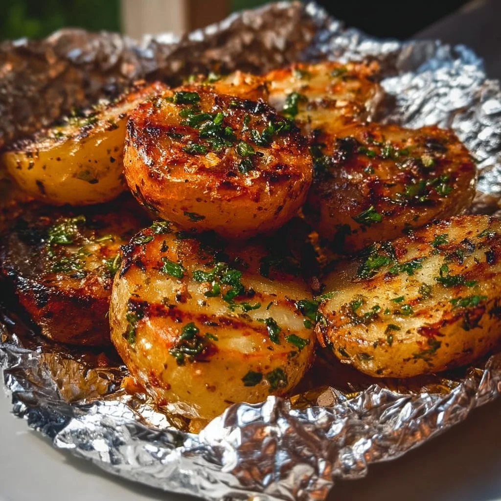 Delicious grilled potatoes wrapped in foil on a grill