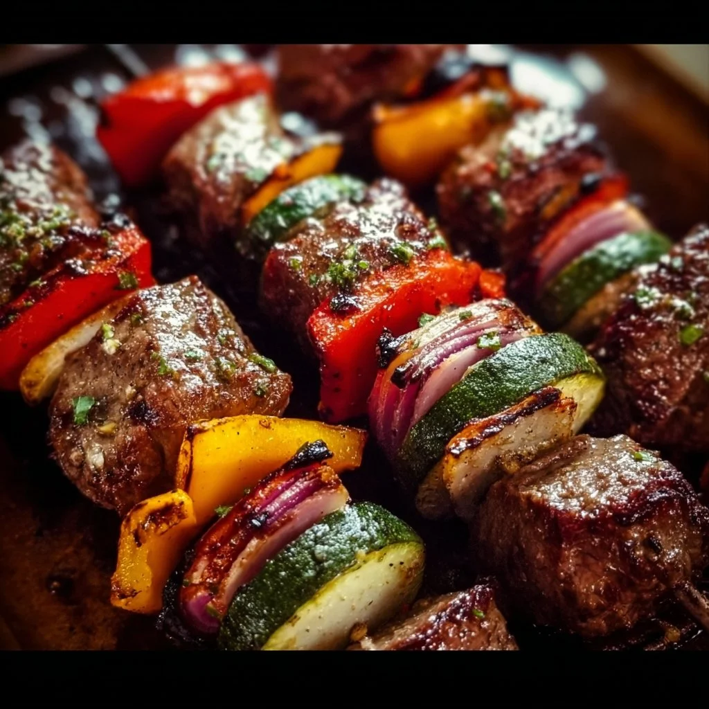 Grilled steak kabobs with colorful vegetables on skewers