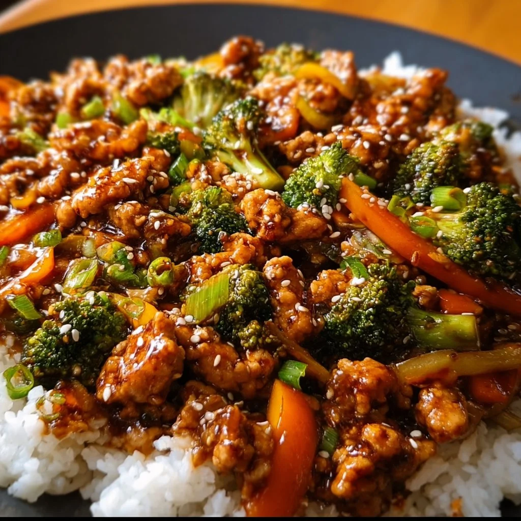 Delicious ground chicken teriyaki stir fry with vegetables in a bowl
