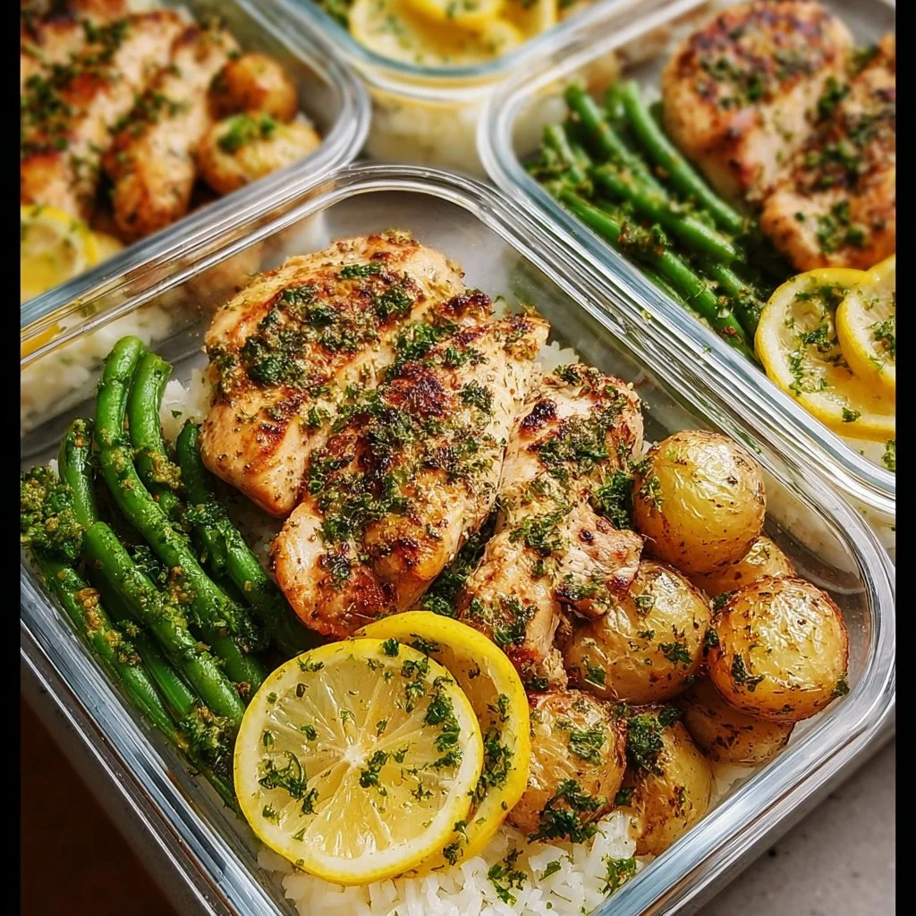 Healthy meal prep bowls featuring lemon garlic chicken with fresh vegetables.