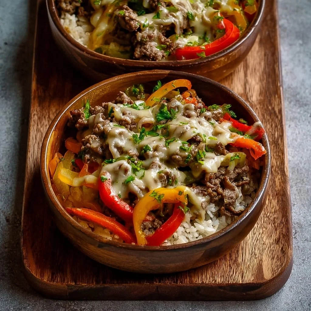 Healthy Philly cheesesteak bowl with lean beef, vegetables, and cheese