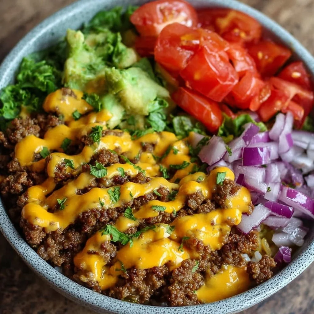 High-protein cheeseburger bowls with ground beef and burger sauce