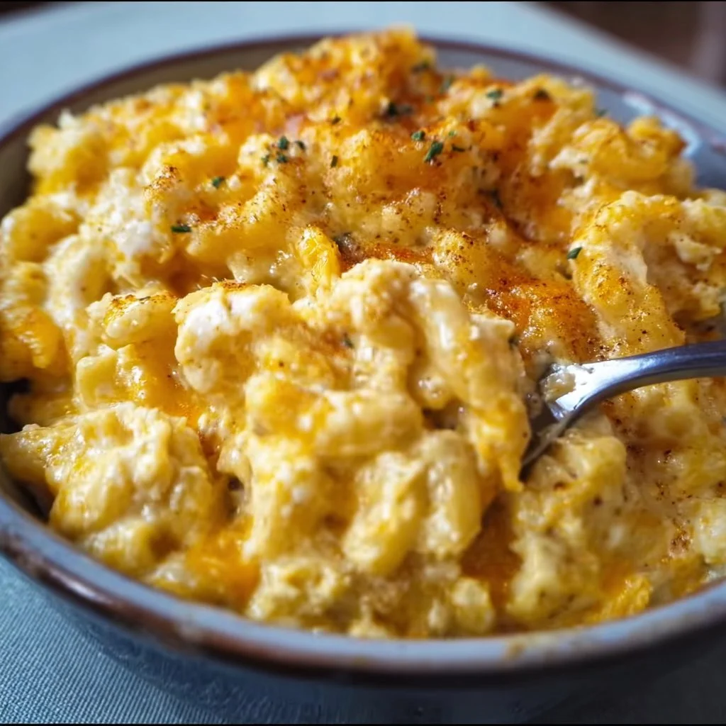High protein cottage cheese mac and cheese in a baking dish.