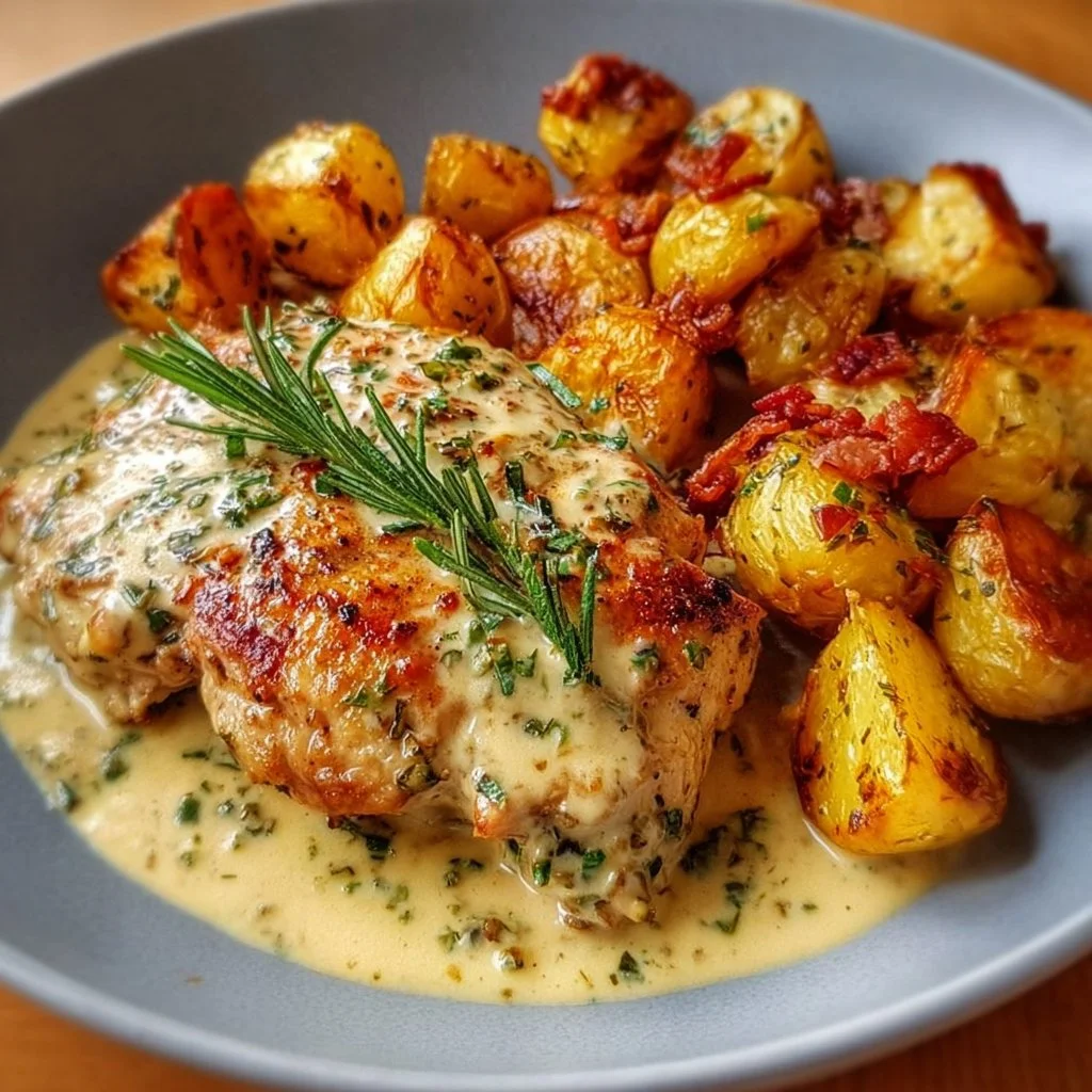 High protein creamy garlic chicken with crispy potatoes on a plate.
