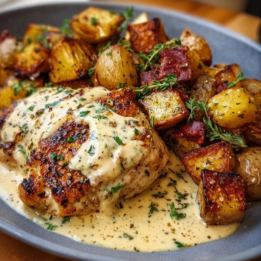 High Protein Creamy Garlic Chicken & Crispy Potatoes