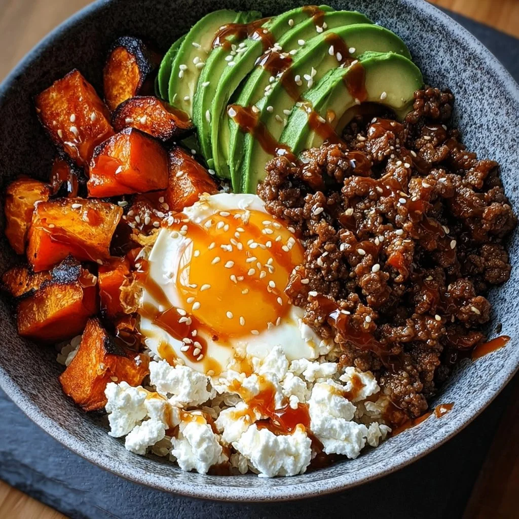 High Protein Hot Honey Beef Bowl topped with spicy honey sauce and fresh vegetables