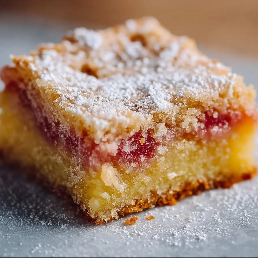 Delicious homemade lemon rhubarb bars topped with a dusting of powdered sugar.