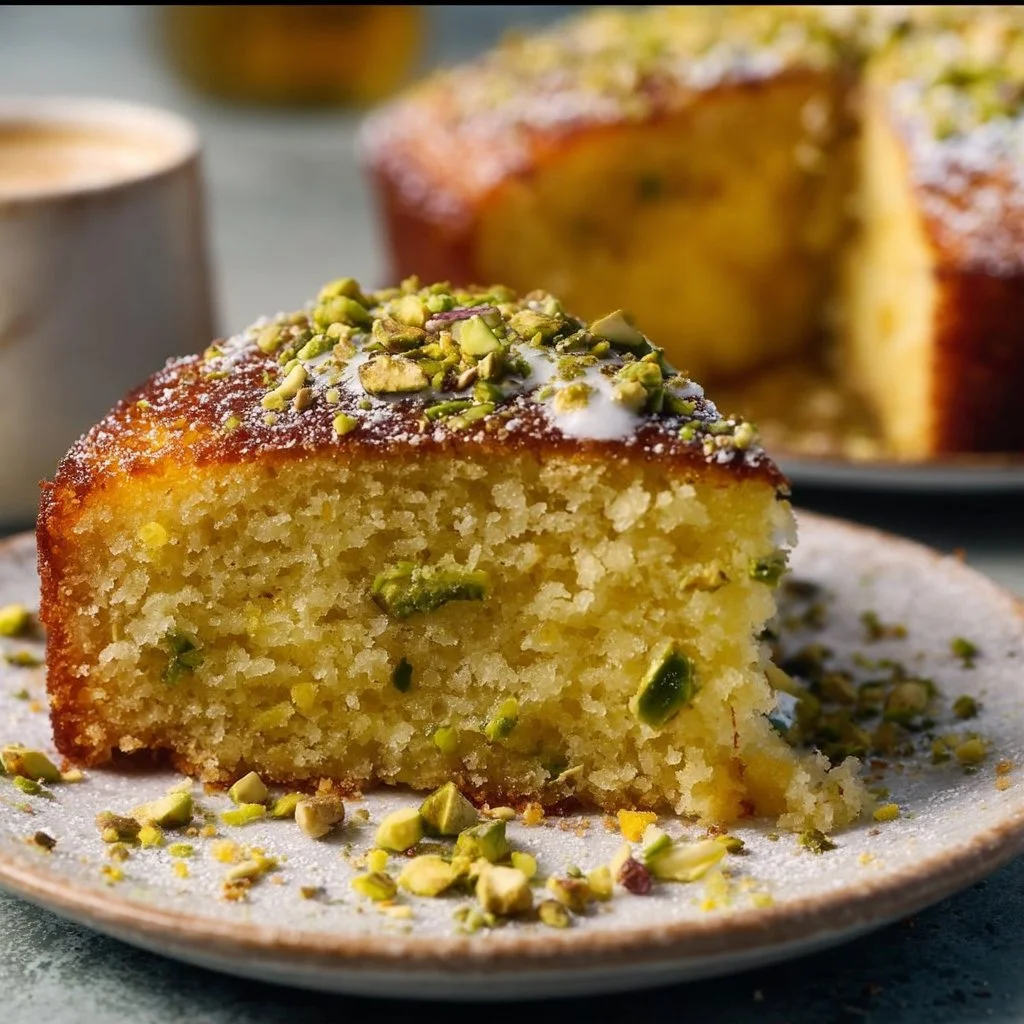Delicious Flourless Lemon Pistachio Cake, a gluten-free dessert on a white plate
