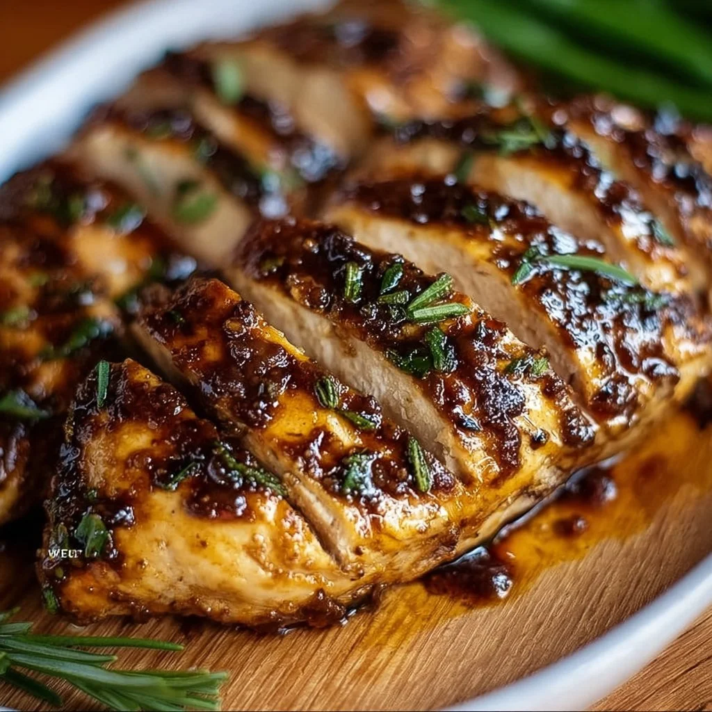 Juicy balsamic baked chicken breast served on a plate with herbs and vegetables.