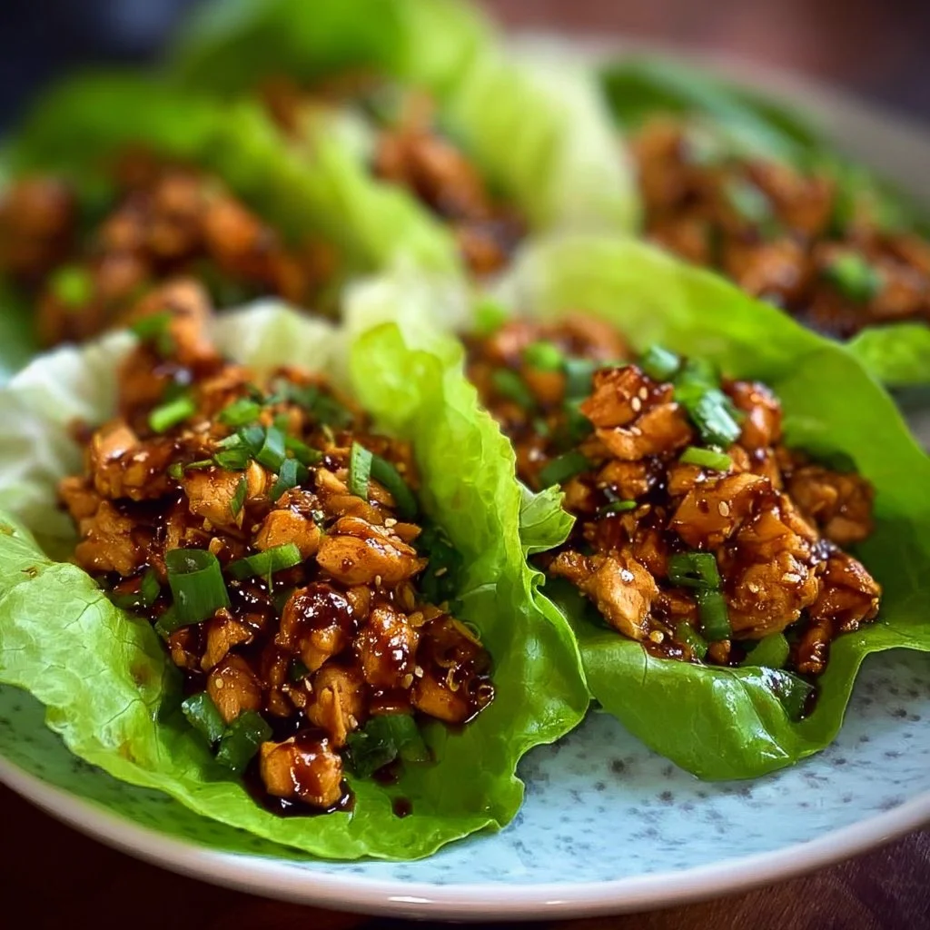 Plate of PF Chang's Chicken Lettuce Wraps garnished with fresh herbs