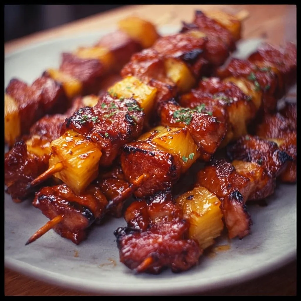 Pineapple BBQ pork skewers ready for grilling, showcasing colorful ingredients.