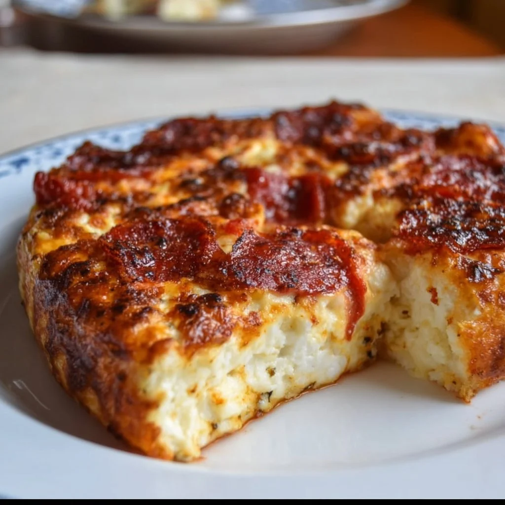 Pizza Cottage Cheese Bake topped with fresh vegetables and cheese