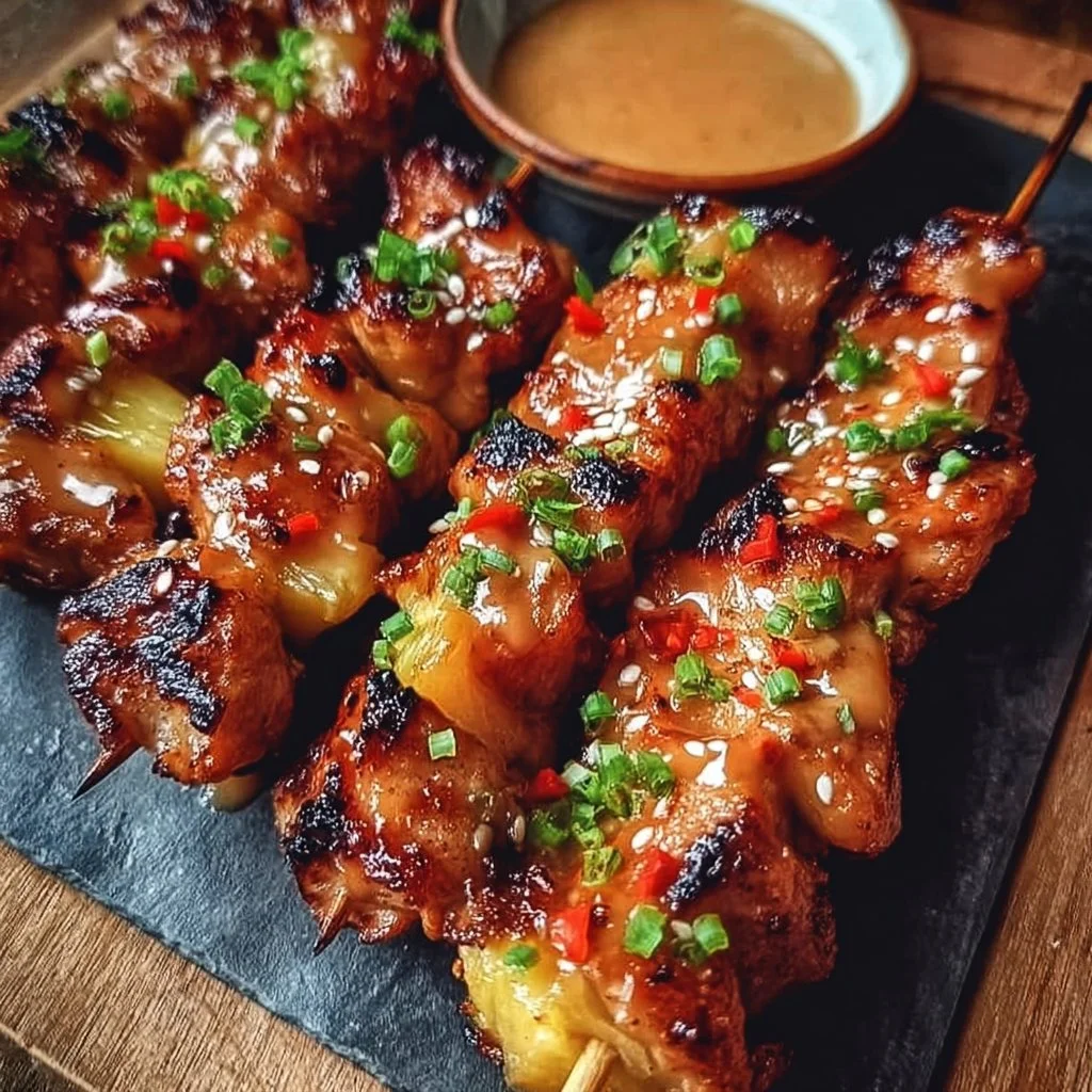 Spicy pineapple Bang Bang Chicken skewers served on a platter