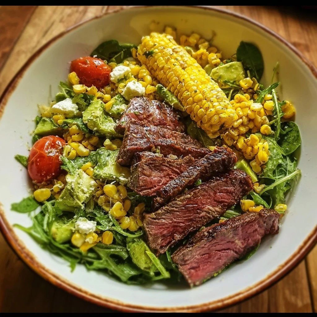 Summer steak salad with grilled corn and fresh vegetables